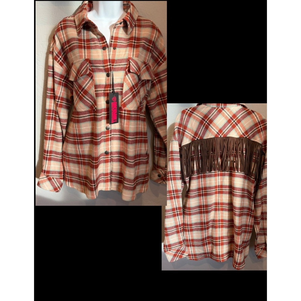 Rock&Roll Plaid Shacket Jacket Womens Medium Fringe Back Rust Color Pockets NWT!